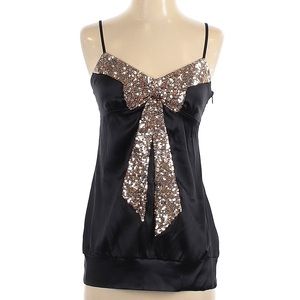 Bebe black silk blend cami with gold sequin bow small